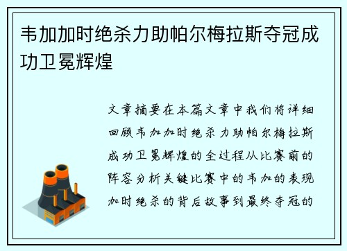 韦加加时绝杀力助帕尔梅拉斯夺冠成功卫冕辉煌