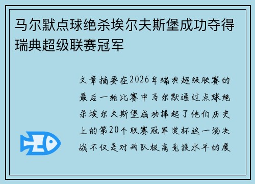 马尔默点球绝杀埃尔夫斯堡成功夺得瑞典超级联赛冠军